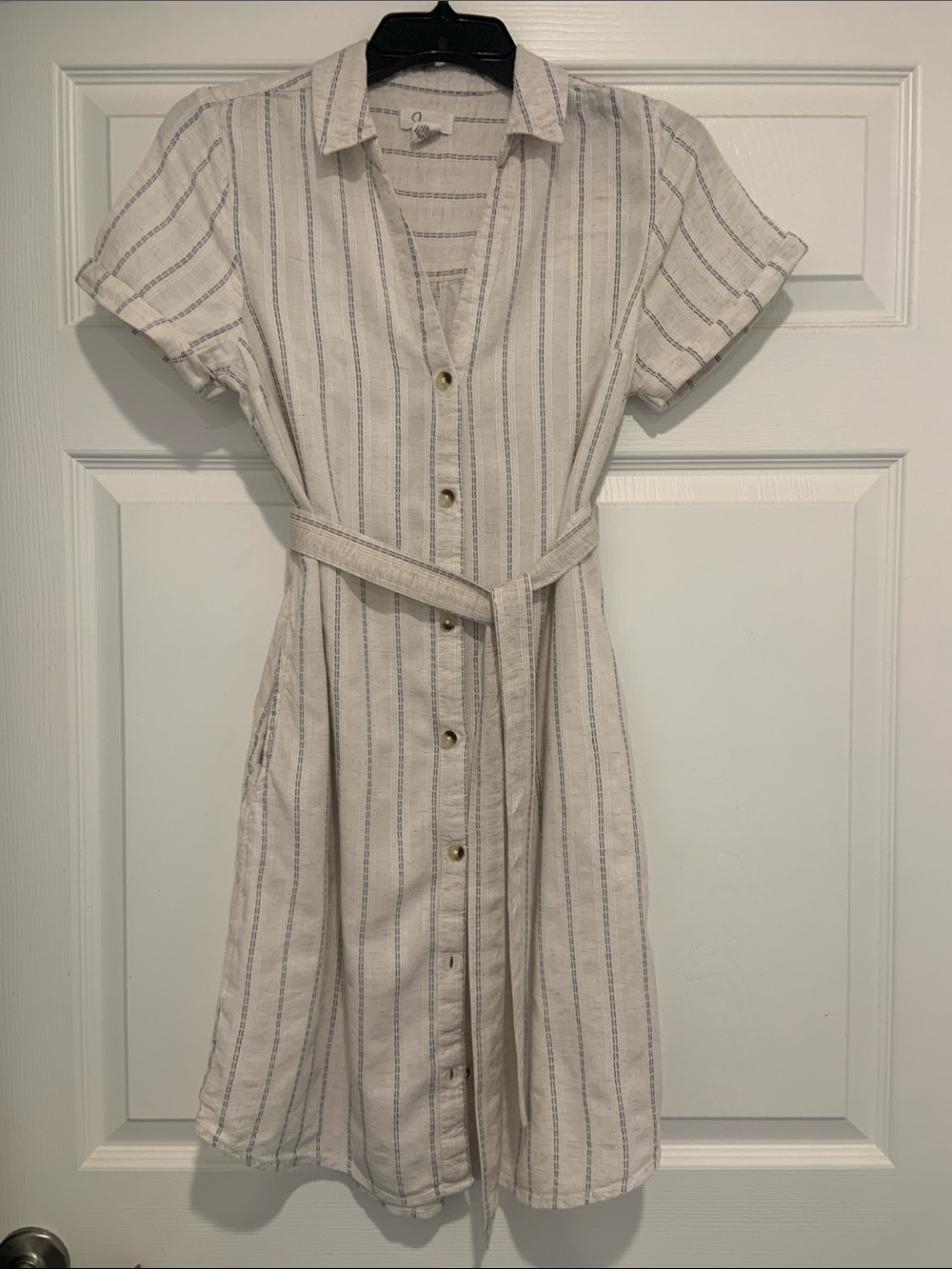 Linen Blend Striped Button-Front Midi Shirt Dress in Ivory and Navy